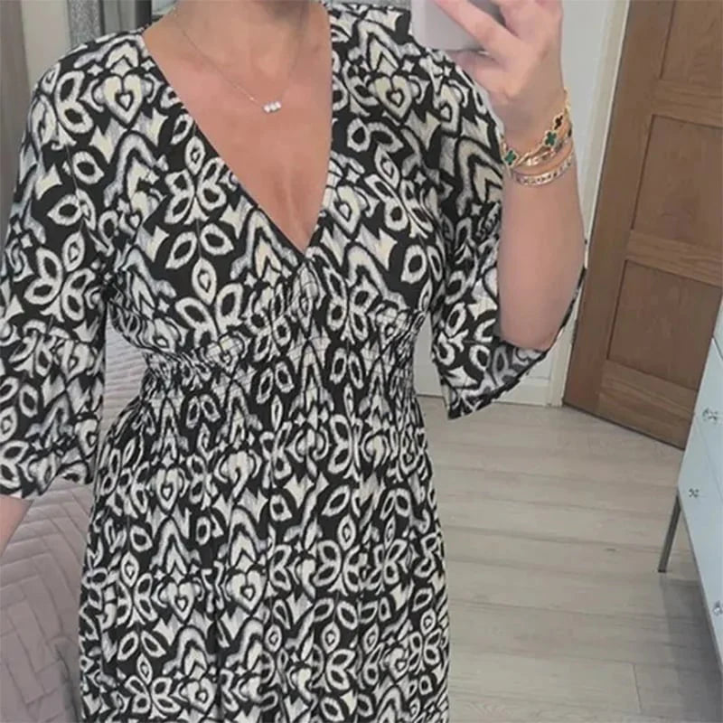 Sukienka midi z nadrukiem i wysokim stanem Adelie z dekoltem w serek