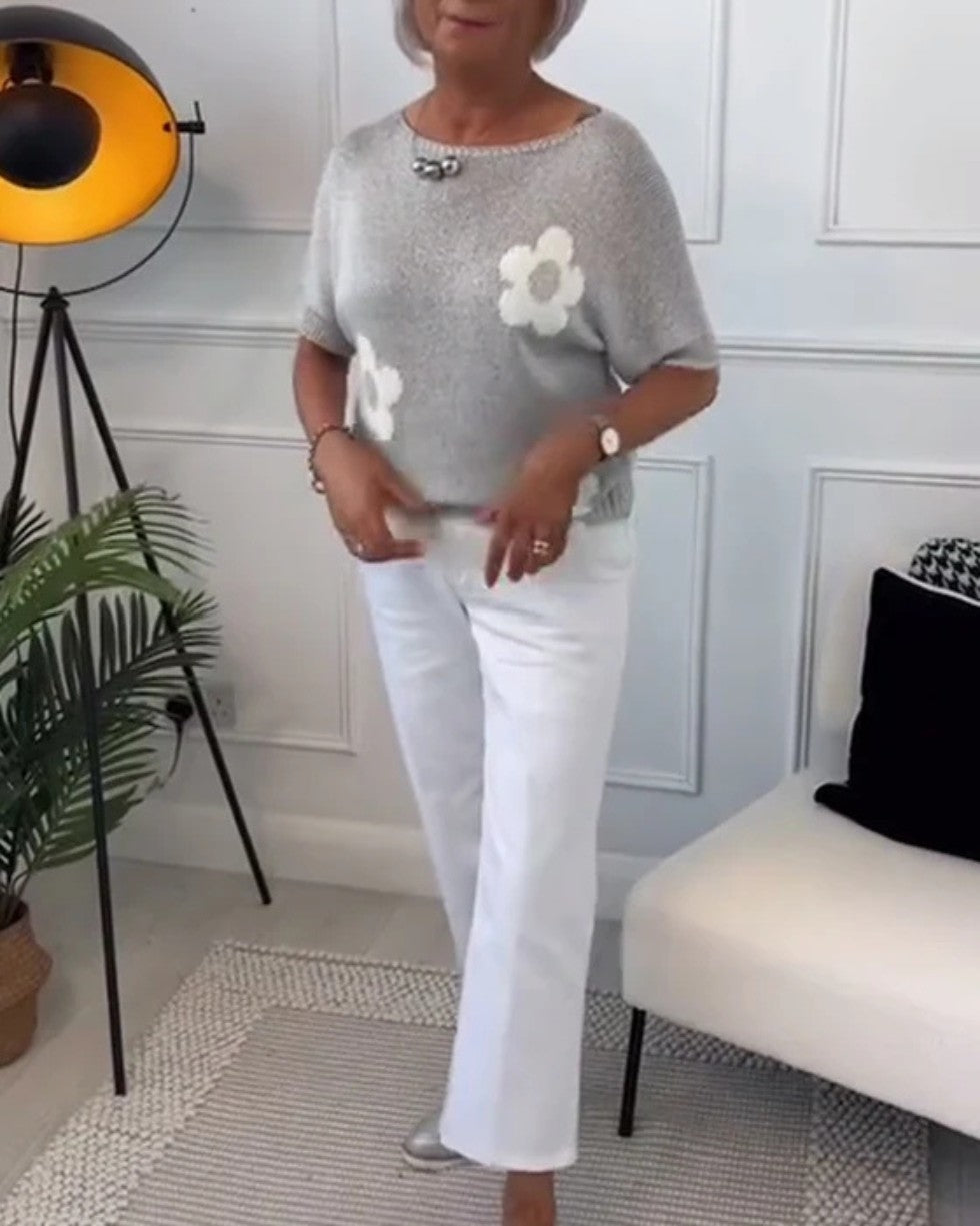 Sweter Damski w Kwiaty Dzianinowy