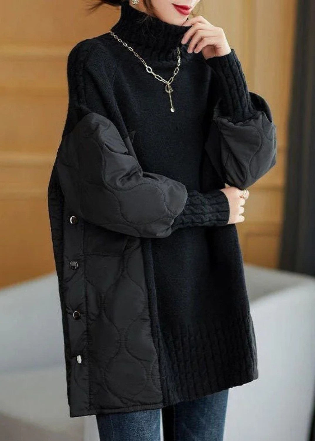 Damski Golfowy Sweter z Patchworku
