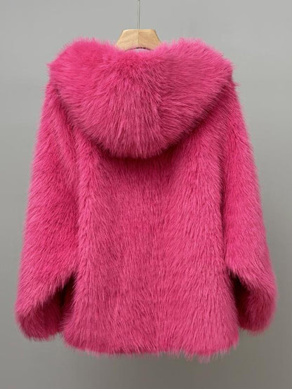 Umme - Jednokolorowy płaszcz z kapturem ze sztucznego futra 