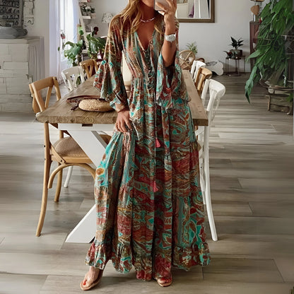Léontine - Sukienka w stylu boho z rozkloszowanymi rękawami i kwiatowym wzorem