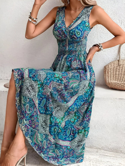 Anaëlle - sukienka maxi w stylu boho bez rękawów z nadrukiem