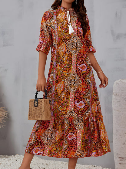 Florine - Sukienka midi z nadrukiem w stylu boho na wakacje
