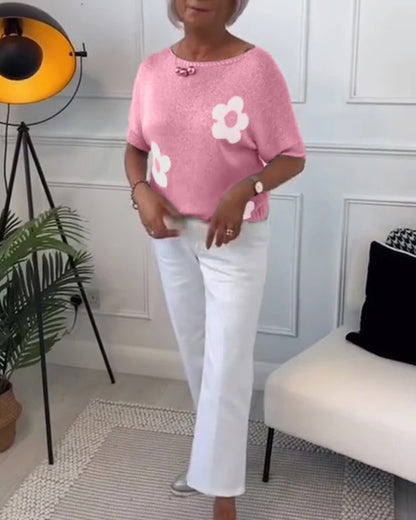 Sweter Damski w Kwiaty Dzianinowy