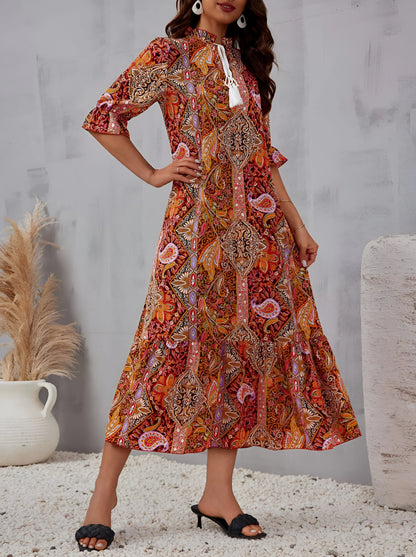 Florine - Sukienka midi z nadrukiem w stylu boho na wakacje