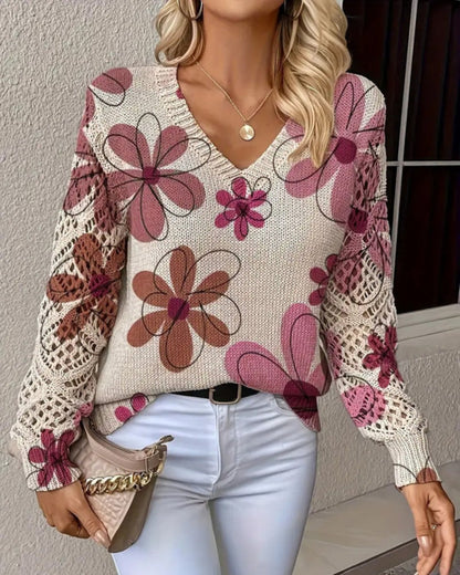 Ażurowy Sweter w Kwiaty z Dekoltem V