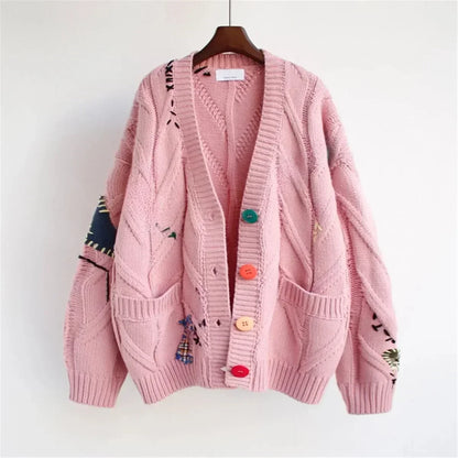 Vigdis - Sweter Patchworkowy z Haftem