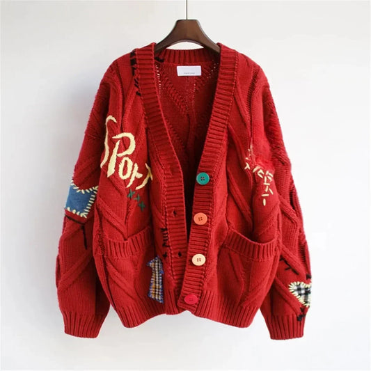Vigdis - Sweter Patchworkowy z Haftem